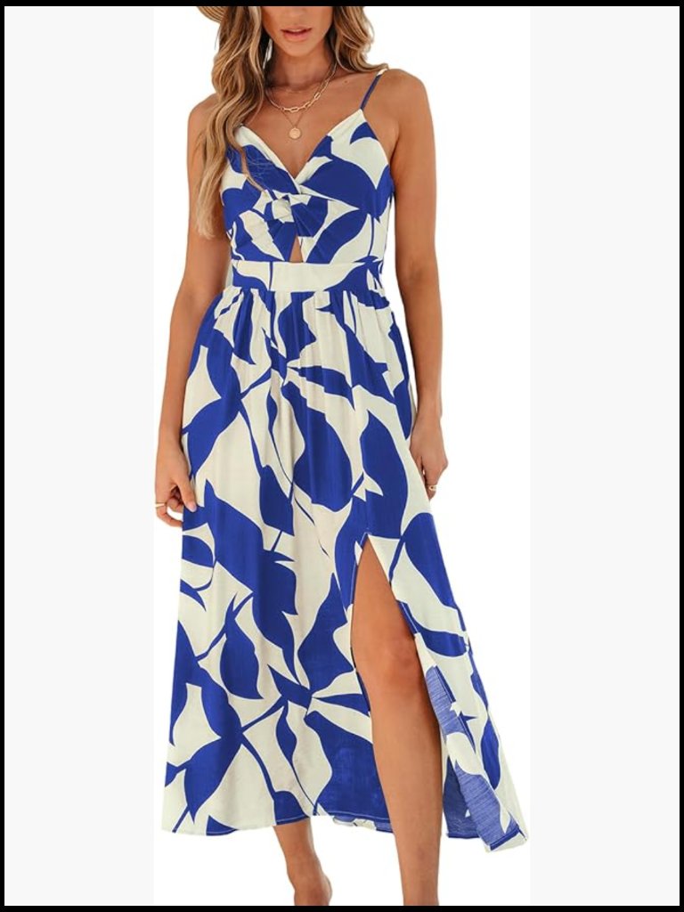 Sleeveless Midi Dress With Spaghetti Straps, Side Slit, V-Neck